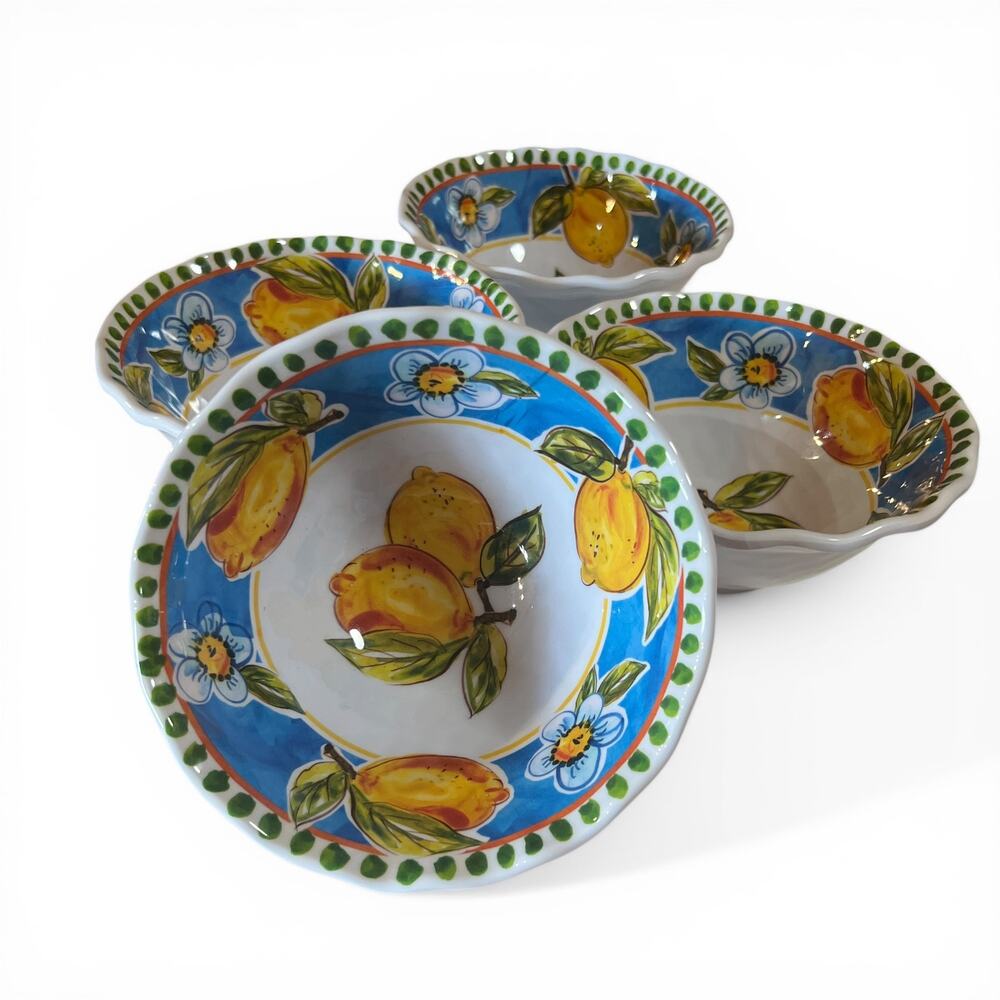 Rachel Ashwell Prairie Lemons Tuscan Blue Bowls Melamine Set of 4 Vintage Style